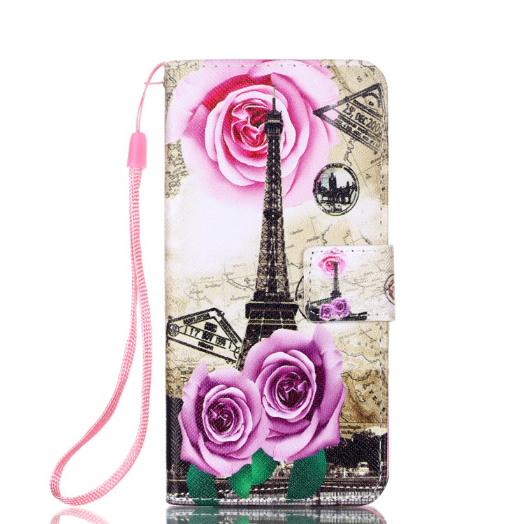 Armazón De Pie De Billetera De Cuero Estampado Con Cordón Para Huawei P20 - Torre Eiffel Y Rosas-1