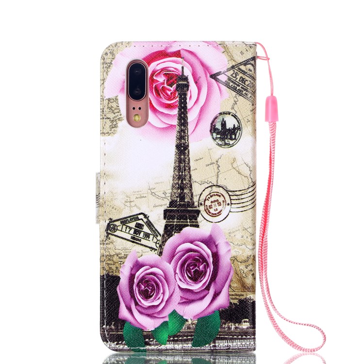 Armazón De Pie De Billetera De Cuero Estampado Con Cordón Para Huawei P20 - Torre Eiffel Y Rosas-2