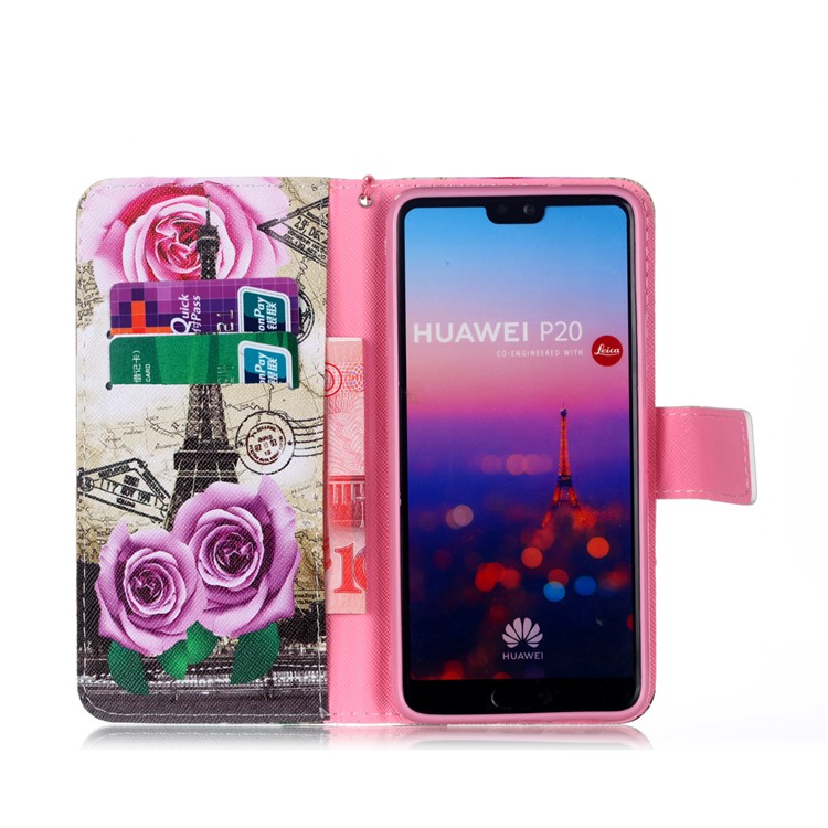 Armazón De Pie De Billetera De Cuero Estampado Con Cordón Para Huawei P20 - Torre Eiffel Y Rosas-3