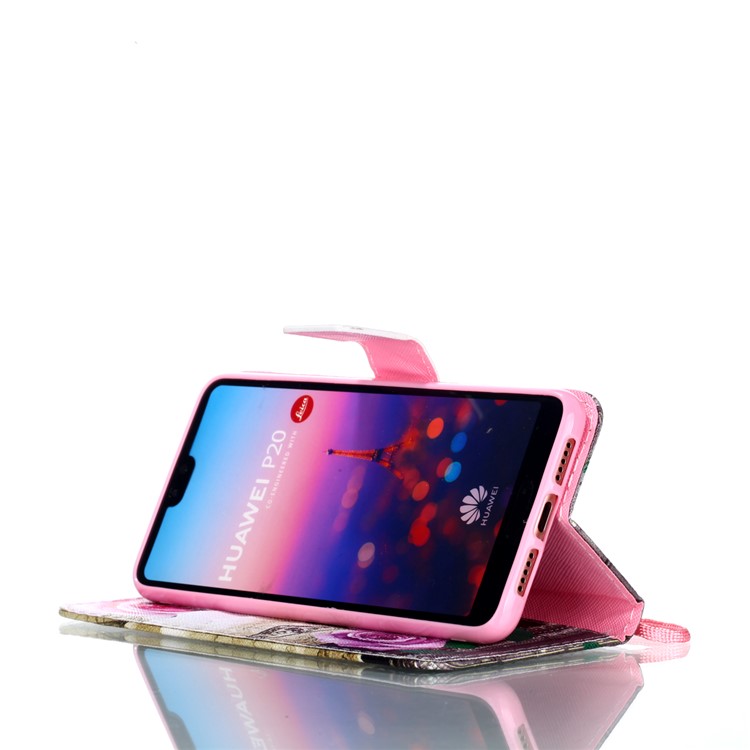Armazón De Pie De Billetera De Cuero Estampado Con Cordón Para Huawei P20 - Torre Eiffel Y Rosas-4