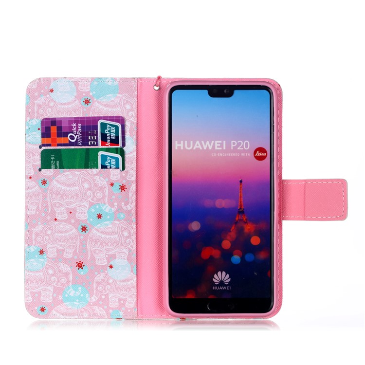 Gemusterte Leder Brieftasche Ständer Flip Gehäuse Mit Lanyard Für Huawei P20 - Stammeselefanten-3