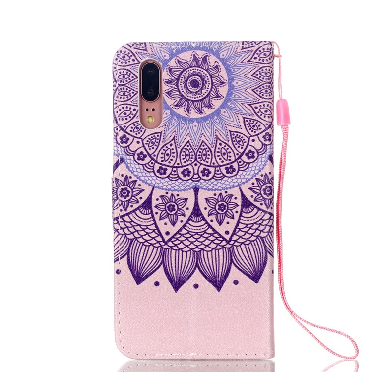 Patterned Leather Wallet Stand Protective Cover with Lanyard for Huawei P20 - Mandala Pattern-2