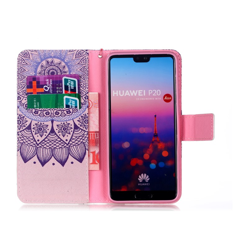 Patterned Leather Wallet Stand Protective Cover with Lanyard for Huawei P20 - Mandala Pattern-3