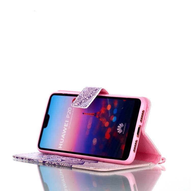 Patterned Leather Wallet Stand Protective Cover with Lanyard for Huawei P20 - Mandala Pattern-4