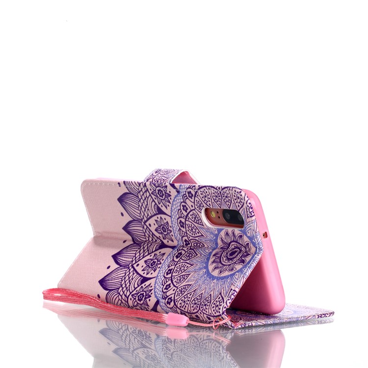 Patterned Leather Wallet Stand Protective Cover with Lanyard for Huawei P20 - Mandala Pattern-5