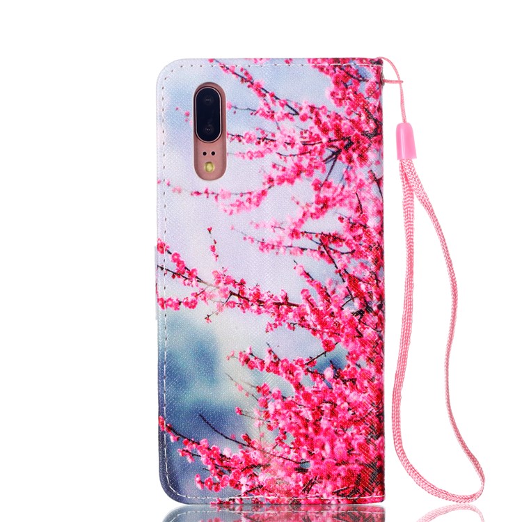 Patterned Leather Wallet Stand Mobile Casing with Lanyard for Huawei P20 - Wintersweet Flowers-2