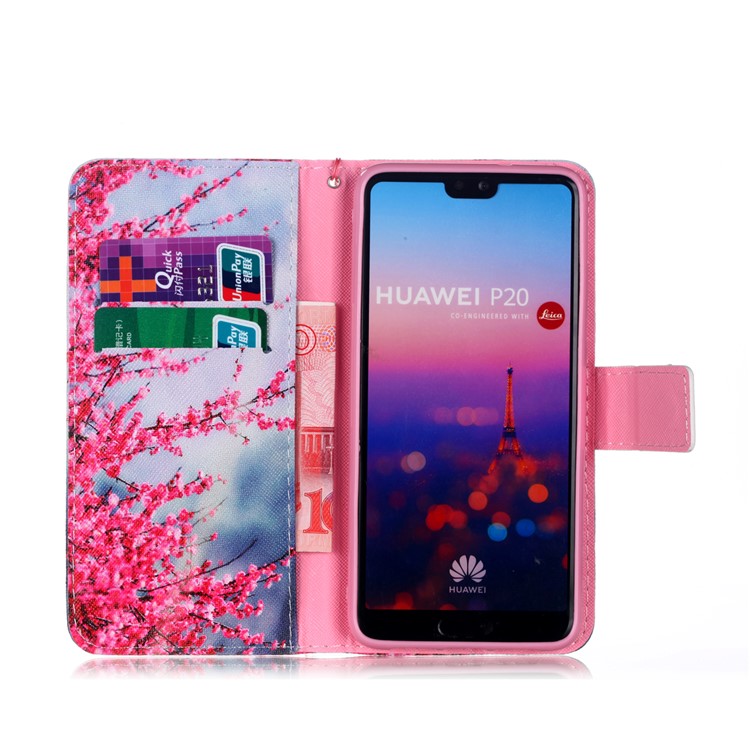 Patterned Leather Wallet Stand Mobile Casing with Lanyard for Huawei P20 - Wintersweet Flowers-3
