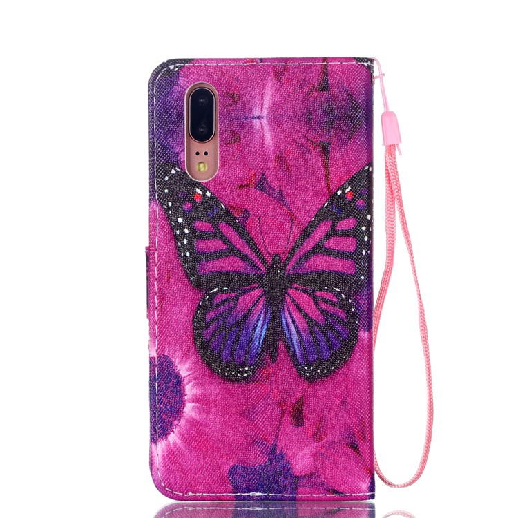 Patterned Leather Wallet Stand Mobile Cover with Lanyard for Huawei P20 - Beautiful Butterfly and Flower-2