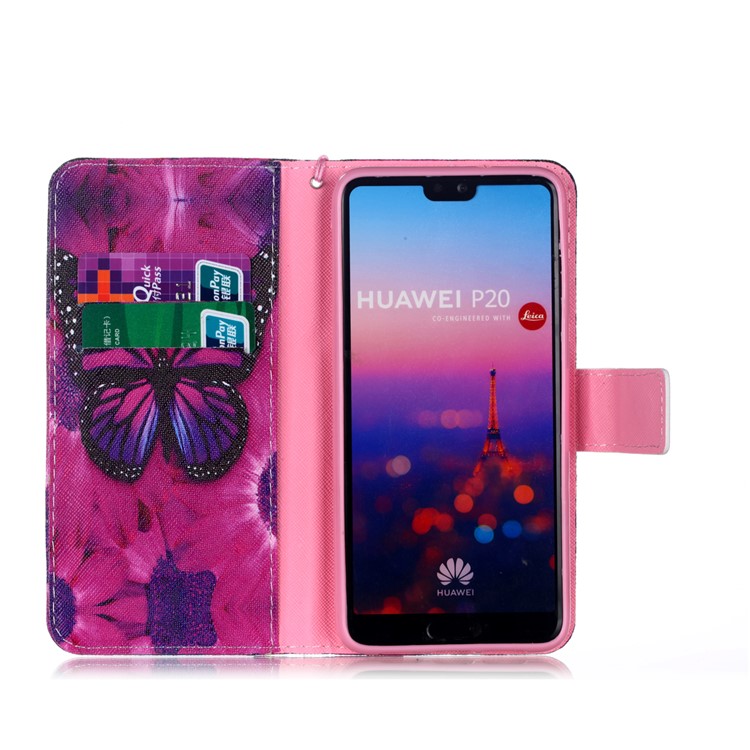 Patterned Leather Wallet Stand Mobile Cover with Lanyard for Huawei P20 - Beautiful Butterfly and Flower-3