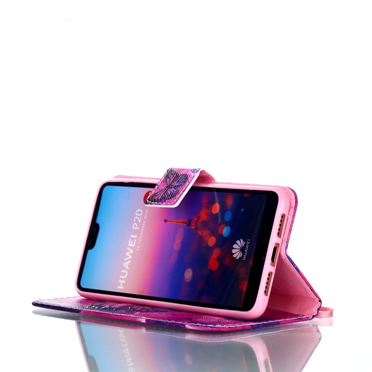 Patterned Leather Wallet Stand Mobile Cover with Lanyard for Huawei P20 - Beautiful Butterfly and Flower-4