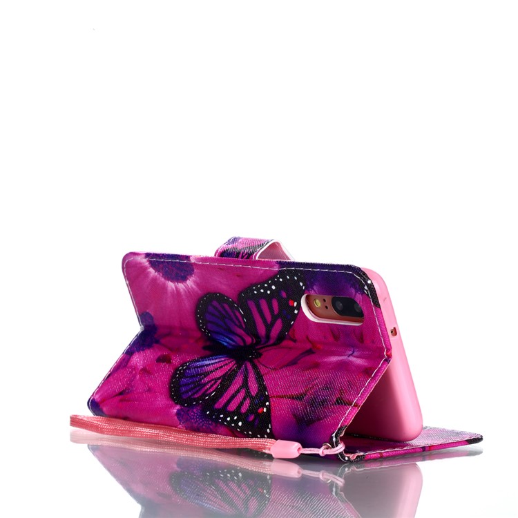 Patterned Leather Wallet Stand Mobile Cover with Lanyard for Huawei P20 - Beautiful Butterfly and Flower-5