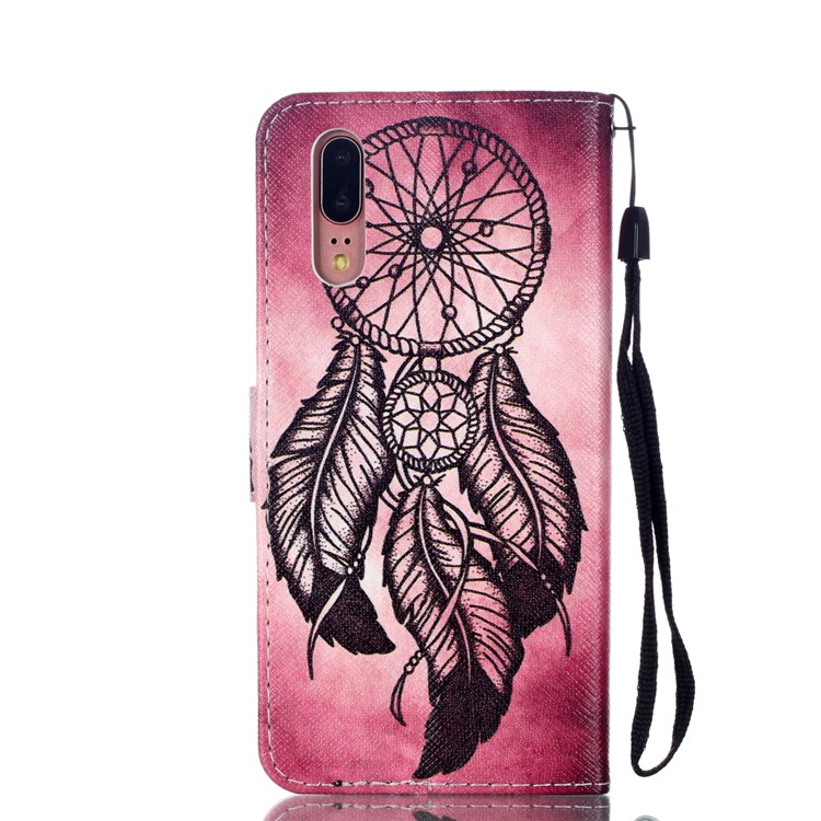Patterned Leather Wallet Stand Cell Phone Case with Lanyard for Huawei P20 - Dream Catcher-2
