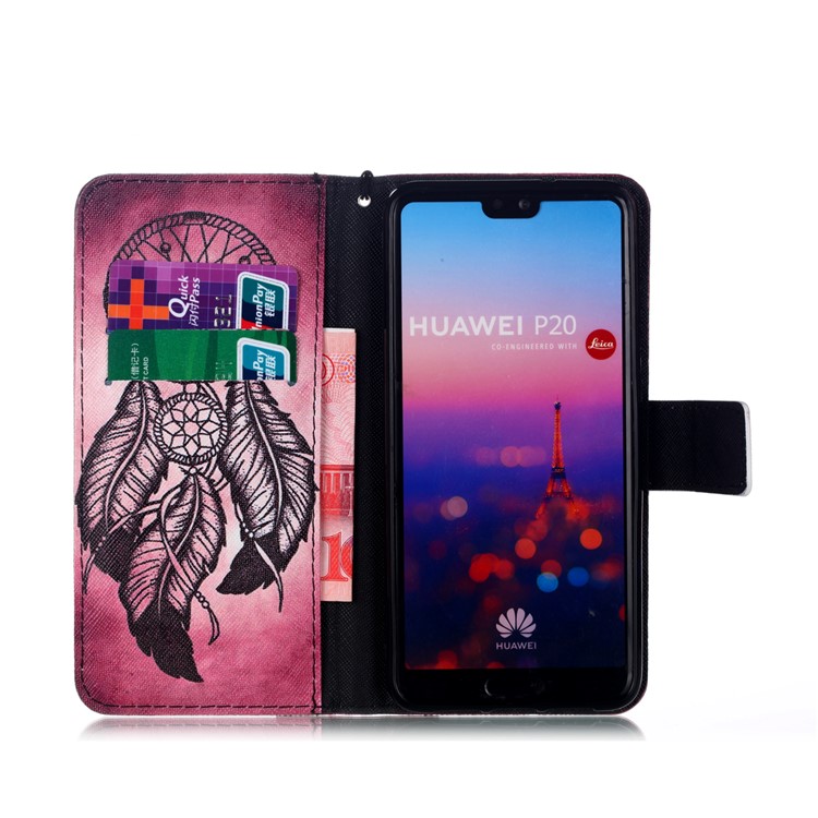 Patterned Leather Wallet Stand Cell Phone Case with Lanyard for Huawei P20 - Dream Catcher-3