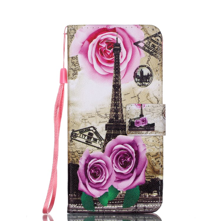 Patterned Leather Wallet Stand Case with Lanyard for Huawei P20 Lite/Nova 3e (China) - Eiffel Tower and Roses-1