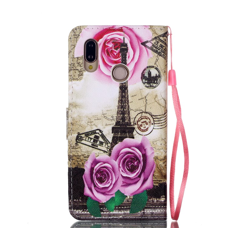 Patterned Leather Wallet Stand Case with Lanyard for Huawei P20 Lite/Nova 3e (China) - Eiffel Tower and Roses-2