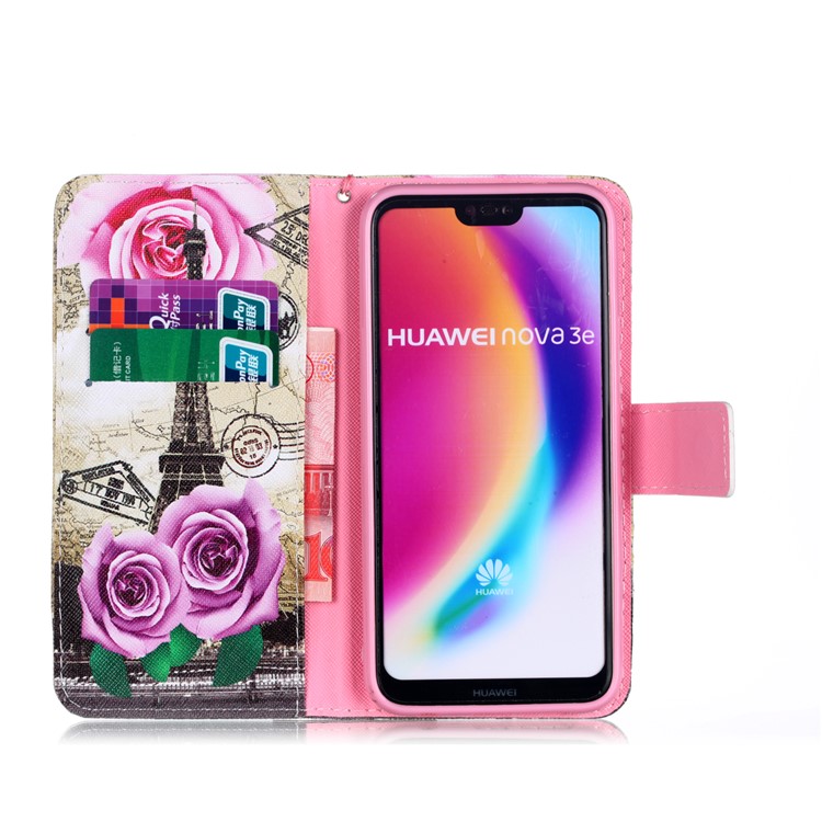 Patterned Leather Wallet Stand Case with Lanyard for Huawei P20 Lite/Nova 3e (China) - Eiffel Tower and Roses-3
