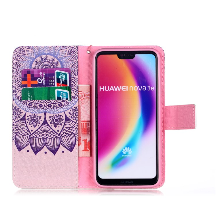 Patterned Leather Wallet Stand Cover with Lanyard for Huawei P20 Lite/Nova 3e (China) - Mandala Pattern-3