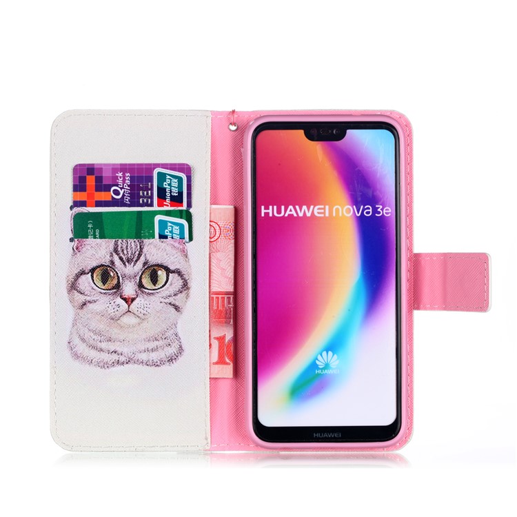 Patterned Leather Wallet Stand Shell with Lanyard for Huawei P20 Lite/Nova 3e (China) - Lovely Cat-3