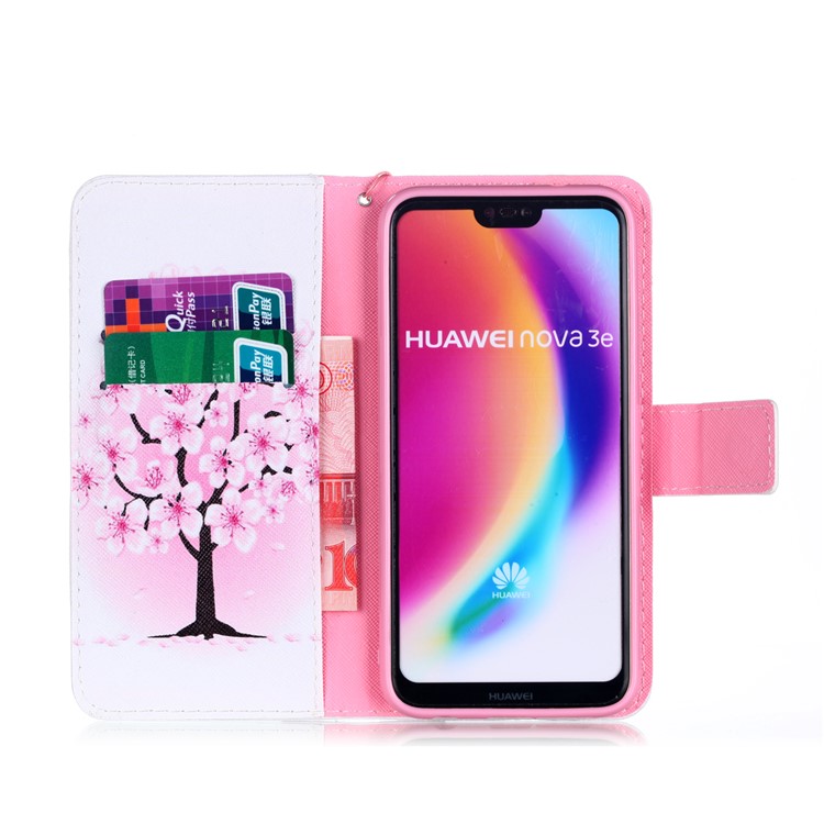 Patterned Leather Wallet Stand Flip Cover with Lanyard for Huawei P20 Lite/Nova 3e (China) - Plum Blossom-3