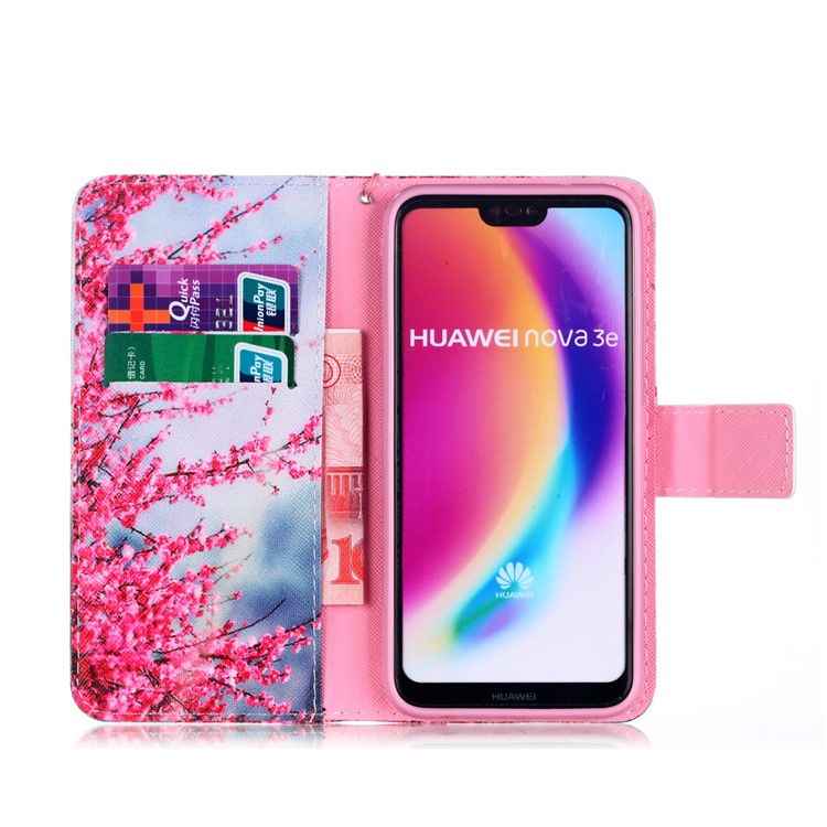 Patterned Leather Wallet Stand Phone Case with Lanyard for Huawei P20 Lite/Nova 3e (China) - Wintersweet Flowers-3