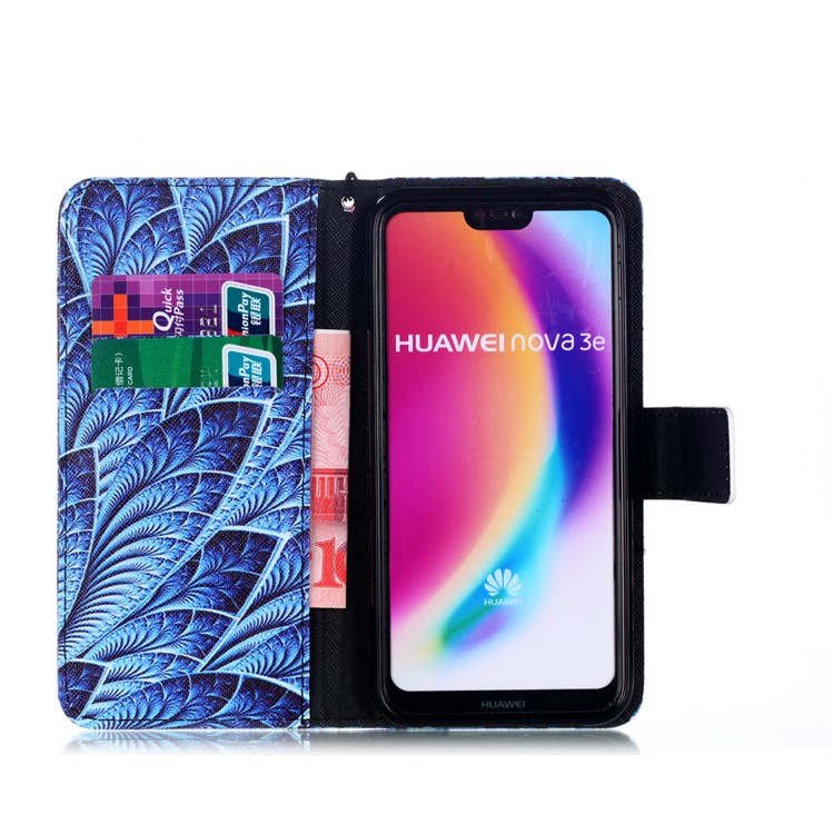 Patterned Leather Wallet Stand Mobile Cover with Lanyard for Huawei P20 Lite/Nova 3e (China) - Feathers-3