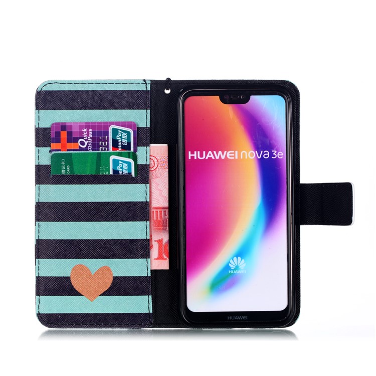 Patterned Leather Wallet Stand Mobile Casing with Lanyard for Huawei P20 Lite/Nova 3e (China) - Stripes and Hearts-3