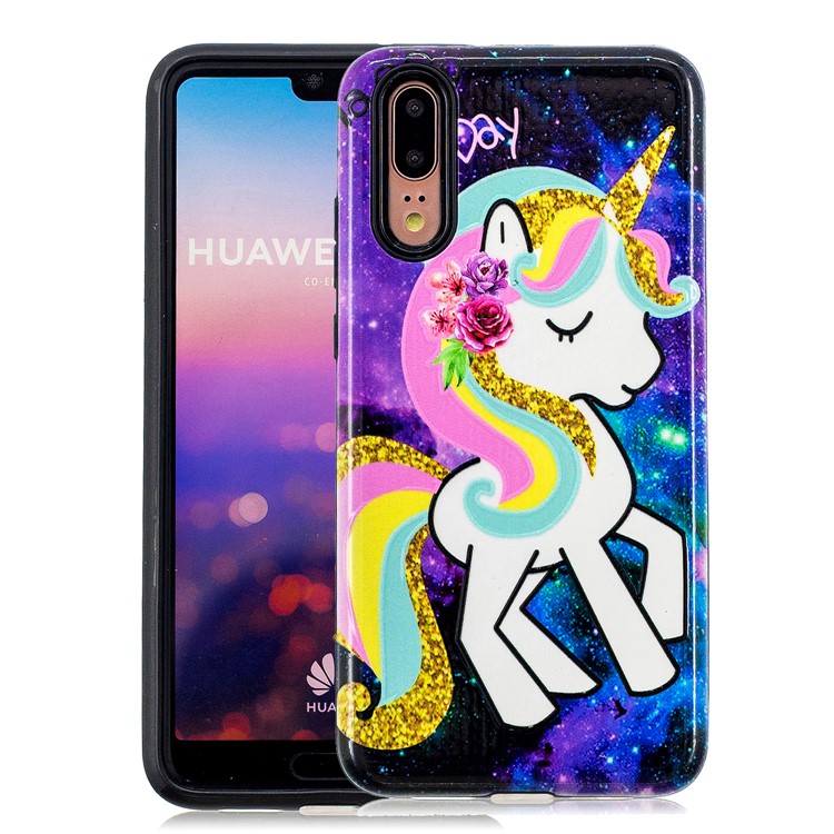 Embossment Pattern Rubberized TPU + PC Hybrid Case for Huawei P20 - Unicorn-1
