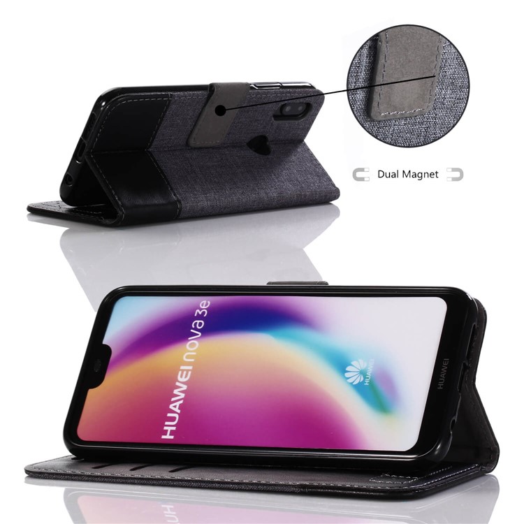 MUXMA Leather Canvas Splicing Stand Mobile Case for Huawei P20 Lite/Nova 3e - Black-5