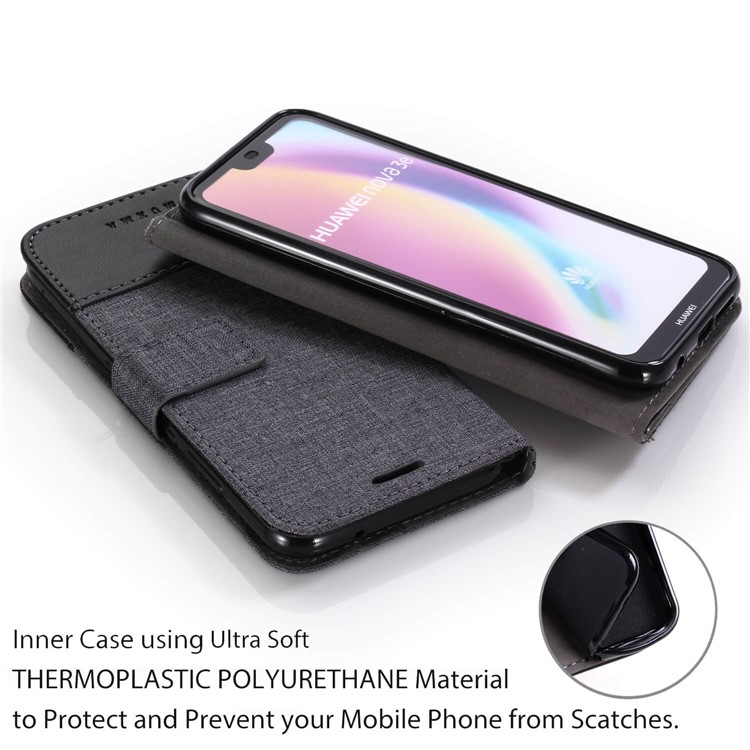 MUXMA Leather Canvas Splicing Stand Mobile Case for Huawei P20 Lite/Nova 3e - Black-8