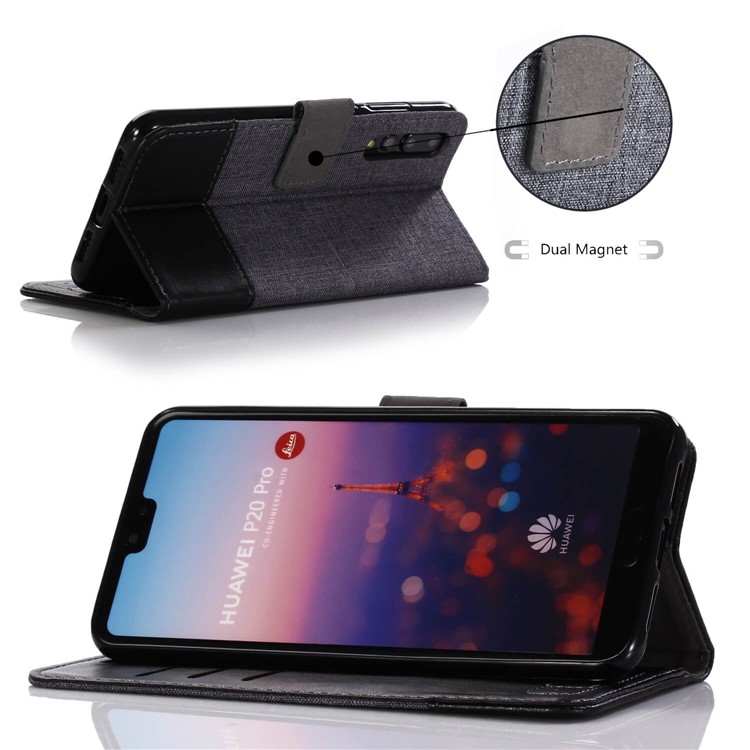 MUXMA Leather Canvas Splicing Stand Mobile Casing for Huawei P20 Pro - Black-5