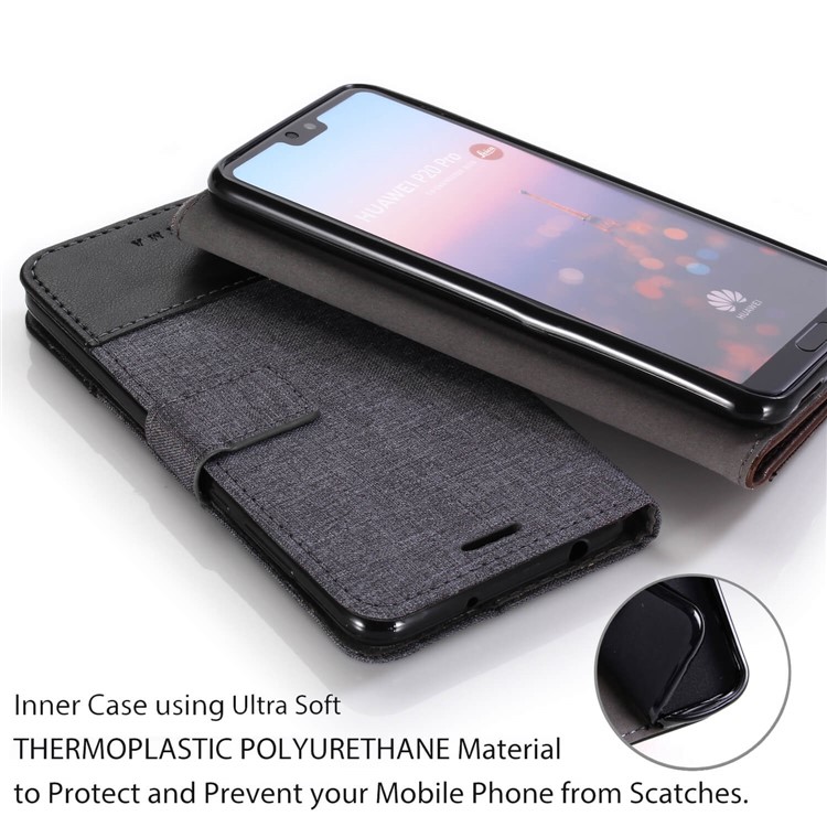 MUXMA Leather Canvas Splicing Stand Mobile Casing for Huawei P20 Pro - Black-8