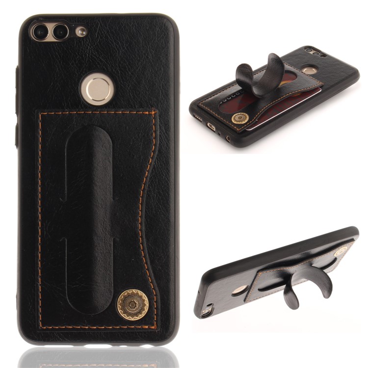 PU Leather Coated TPU Kickstand Card Holder Case for Huawei P Smart / Enjoy 7S - Black-1