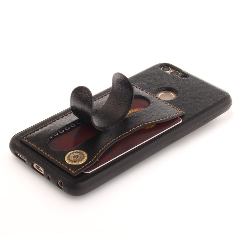 PU Leather Coated TPU Kickstand Card Holder Case for Huawei P Smart / Enjoy 7S - Black-7