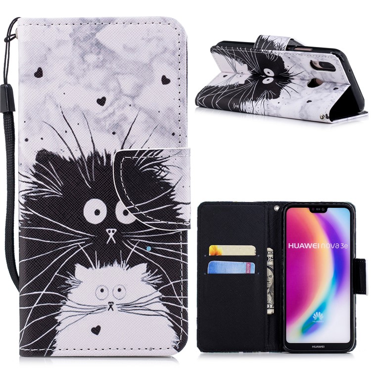 Cross Texture Pattern Printing Wallet Stand Leather Mobile Shell for Huawei P20 Lite/Nova 3e - Black and White Cat-1