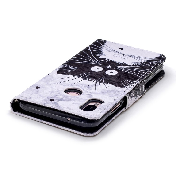 Cross Texture Pattern Printing Wallet Stand Leather Mobile Shell for Huawei P20 Lite/Nova 3e - Black and White Cat-5
