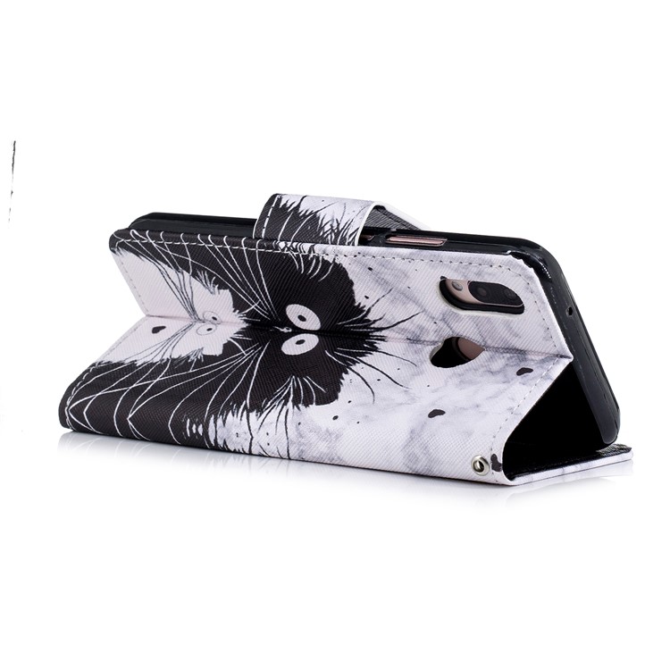 Cross Texture Pattern Printing Wallet Stand Leather Mobile Shell for Huawei P20 Lite/Nova 3e - Black and White Cat-6