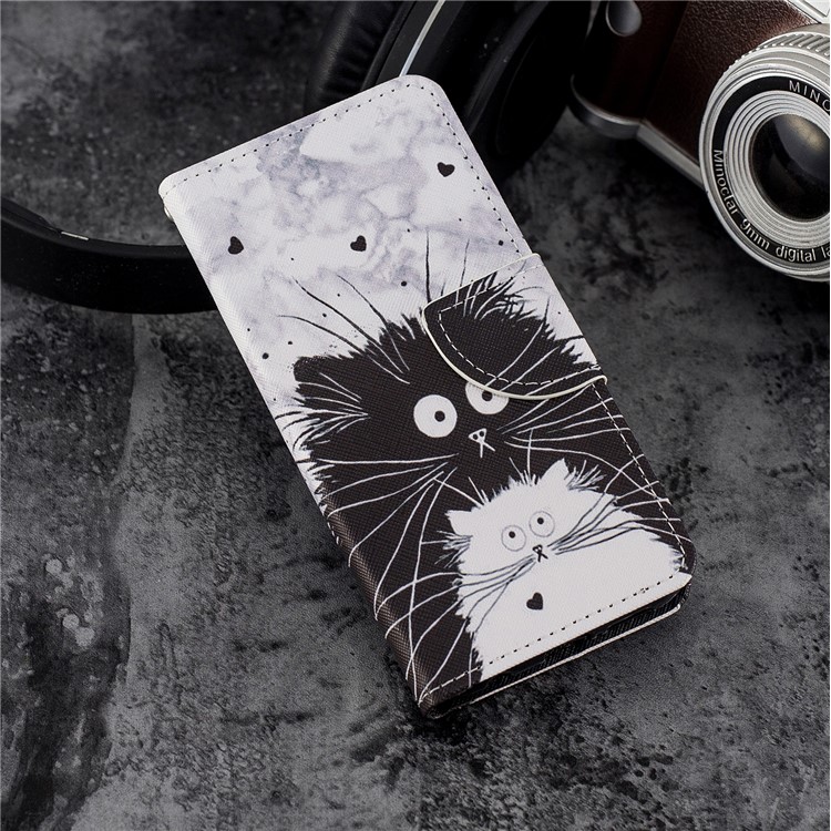 Cross Texture Pattern Printing Wallet Stand Leather Mobile Shell for Huawei P20 Lite/Nova 3e - Black and White Cat-7