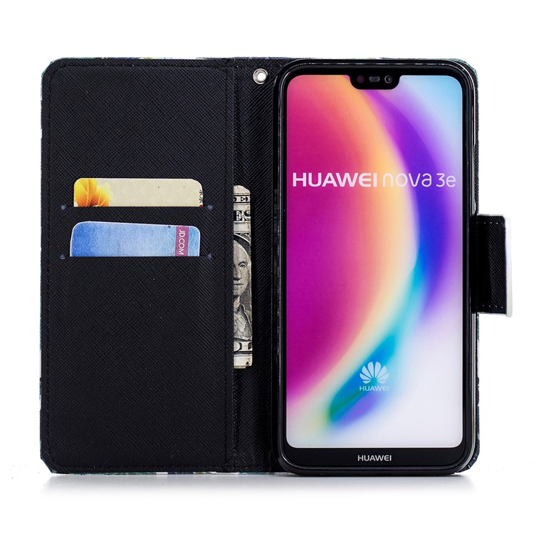 Cross Texture Pattern Printing Wallet Stand Leather Mobile Shell for Huawei P20 Lite/Nova 3e - Black and White Cat-8