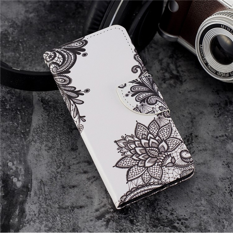 Cross Texture Pattern Printing Wallet Stand Leather Mobile Casing for Huawei P20 Lite/Nova 3e - Black Flowers-6