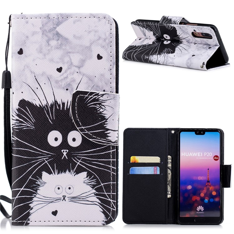 Cross Texture Pattern Printing Wallet Stand Leather Mobile Shell for Huawei P20 - Black and White Cat-1