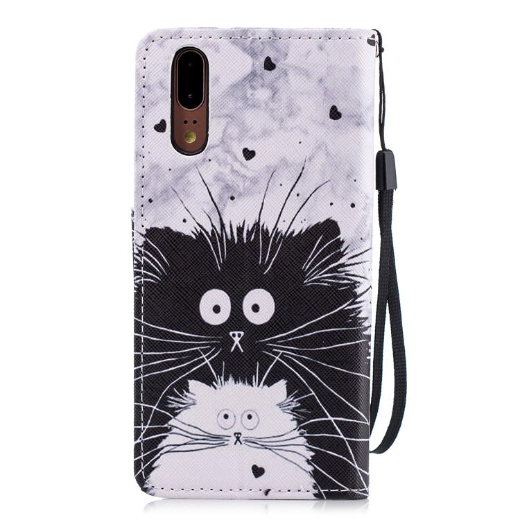 Cross Texture Pattern Printing Wallet Stand Leather Mobile Shell for Huawei P20 - Black and White Cat-3