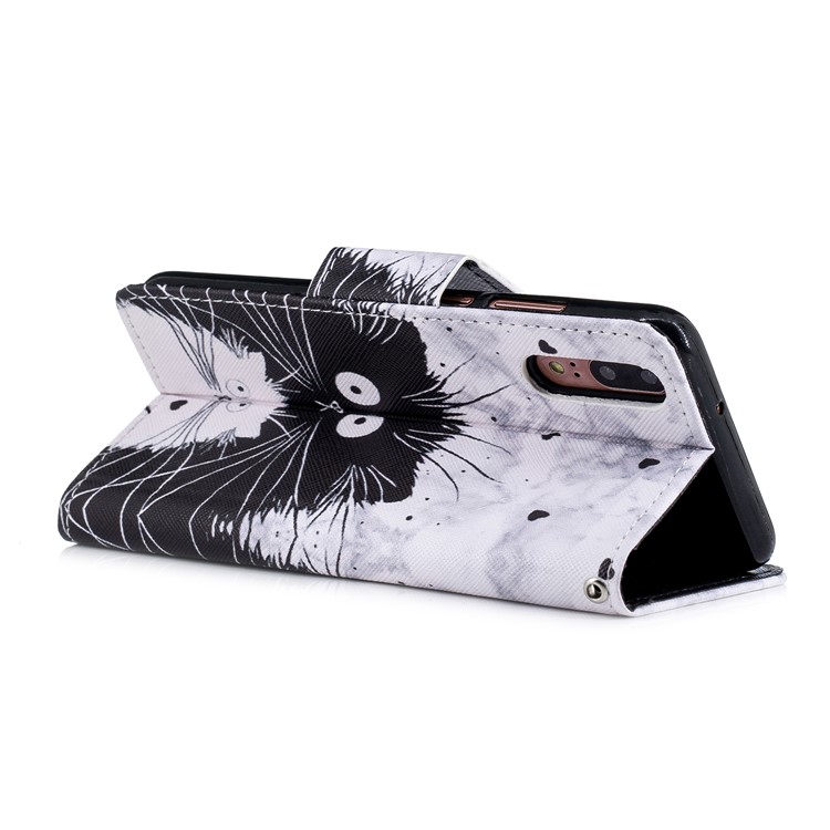 Cross Texture Pattern Printing Wallet Stand Leather Mobile Shell for Huawei P20 - Black and White Cat-6