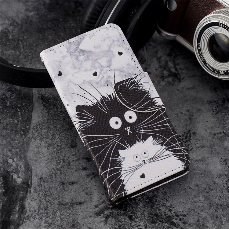 Cross Texture Pattern Printing Wallet Stand Leather Mobile Shell for Huawei P20 - Black and White Cat-7