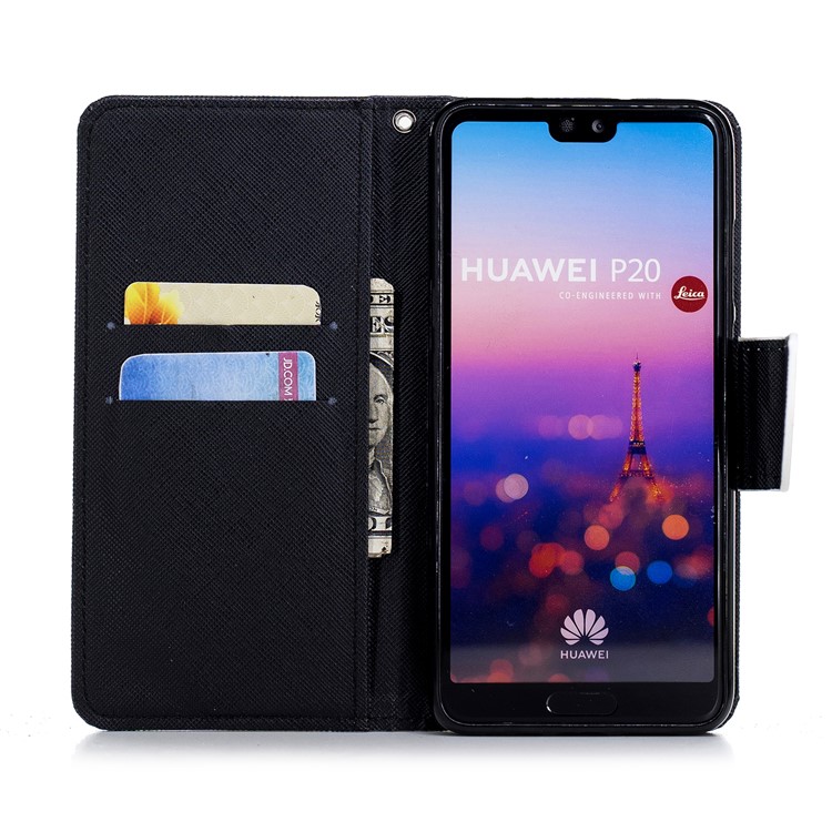 Cross Texture Pattern Printing Wallet Stand Leather Mobile Shell for Huawei P20 - Black and White Cat-8