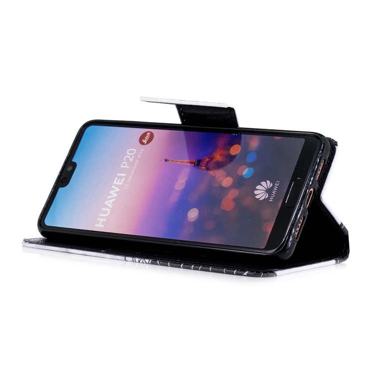 Cross Texture Pattern Printing Wallet Stand Leather Mobile Shell for Huawei P20 - Black and White Cat-9