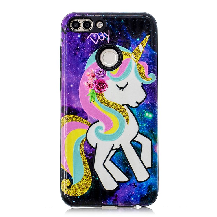Embossed Rubberized PC TPU Hybrid Case for Huawei P Smart / Enjoy 7S - Unicorn-2