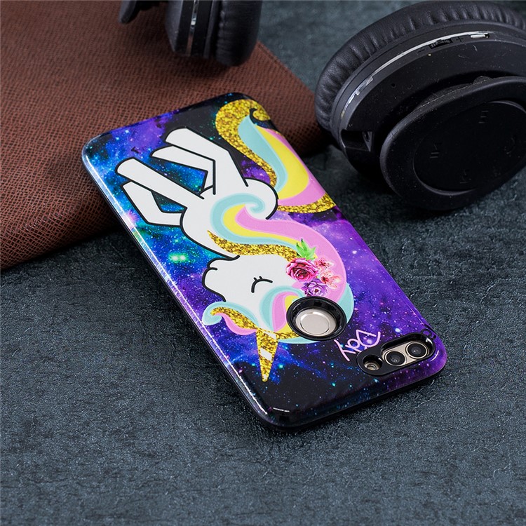 Embossed Rubberized PC TPU Hybrid Case for Huawei P Smart / Enjoy 7S - Unicorn-6