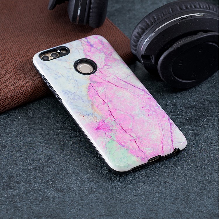 Embossed Rubberized PC TPU Hybrid Mobile Phone Case for Huawei P Smart / Enjoy 7S - Colorized Mable Pattern-4