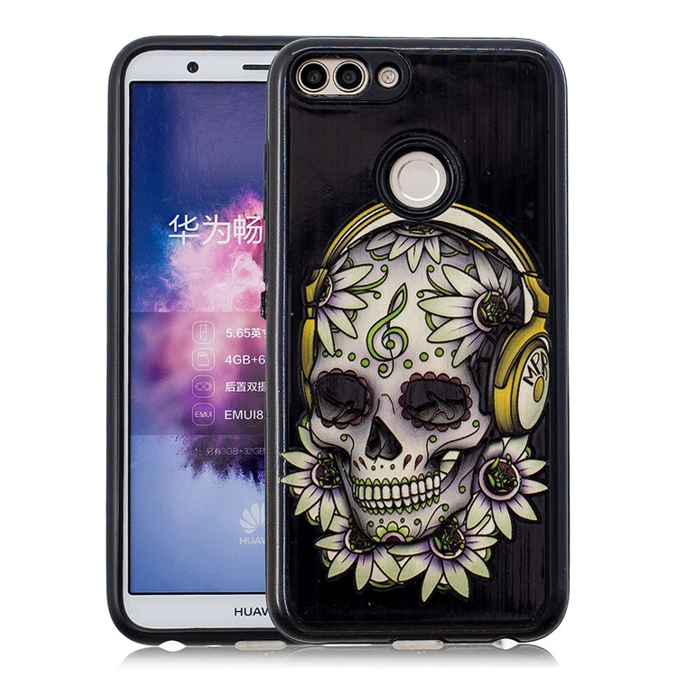 Embossed Rubberized PC TPU Hybrid Mobile Cover for Huawei P Smart / Enjoy 7S - Flower Skull-1