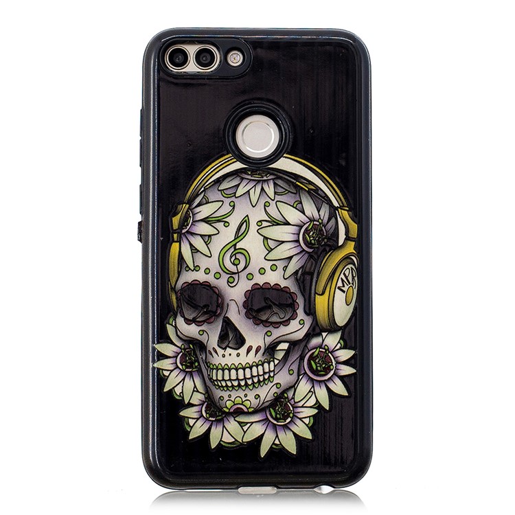 Embossed Rubberized PC TPU Hybrid Mobile Cover for Huawei P Smart / Enjoy 7S - Flower Skull-2